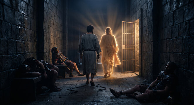 Angel Leading Peter Out of Prison as His Chains Fall Away and the Gates Open, Acts 12 Bible Story
