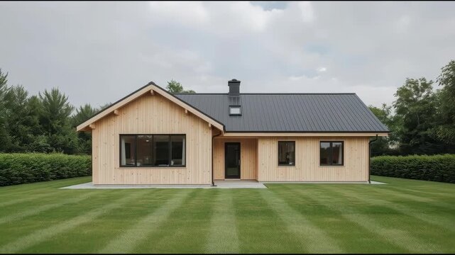 Wooden House Modern Cabin Timber Building Metal Roof Manicured Lawn Cloudy Sky Garden