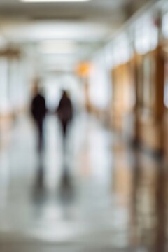 blurred silhouettes walking down long hallway