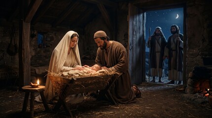 Obraz premium Nativity Scene Holy Family with Newborn in Manger Shepherds Arrive on Christmas Night