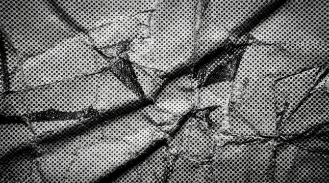 Abstract black and white background with halftone dot pattern and crumpled paper texture