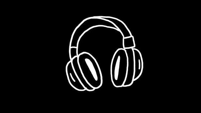 Headphones hand drawn animation, animated headset motion doodle sketch music audio sound listen podcast dj studio earphone rhythm melody gear, white strokes