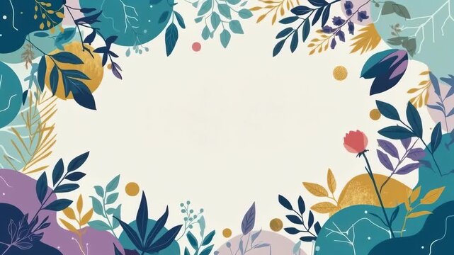 Floral Botanical Frame Blank Center Decoration with Colorful Leaves Cream Background Design
