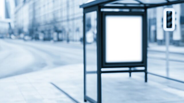 Empty modern bus shelter with blank white advertisement