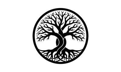 Fototapeta premium Black and white circular tree of life vector icon with intricate branches and roots