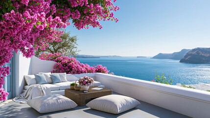 Obraz premium Relaxing terrace with bougainvillea overlooking sea