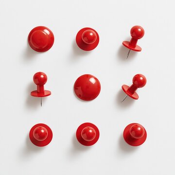 Nine red pushpins arranged on white background