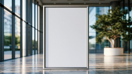 Obraz premium Empty white poster stand in modern glass hallway