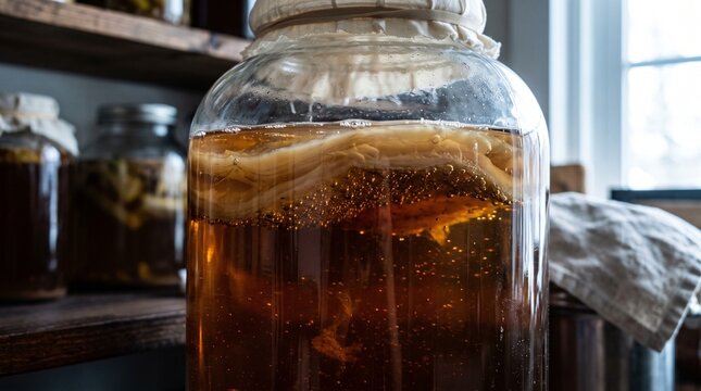 Kombucha SCOBY floating in fermented tea within a large glass jar at home.