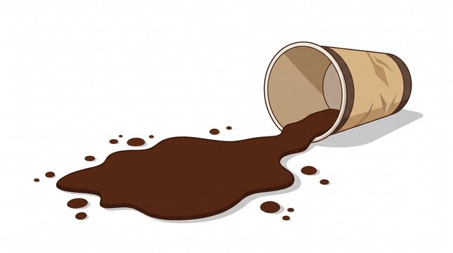 Spilled coffee in a paper cup creating a dark brown puddle on a white surface, a common accident