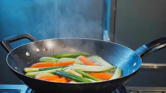 Fresh Carrots and Green Beans Simmering in a Large Metal Wok