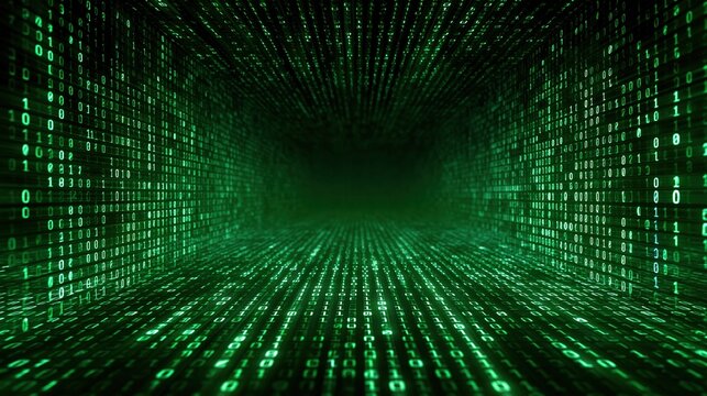 Abstract digital tunnel with green binary code matrix