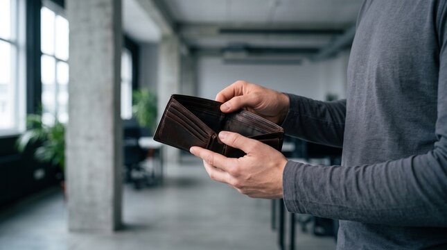 Man holding empty open brown leather wallet in office background, concept of financial crisis, bankruptcy, poverty, economic inflation, money loss, debt problem and personal finance status.