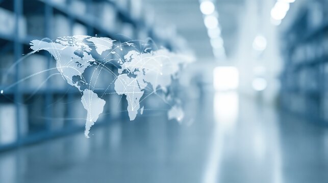 Futuristic holographic world map in modern warehouse