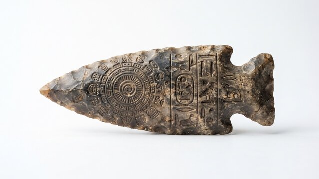 Ancient carved stone arrowhead featuring mysterious symbolic hieroglyphs isolated on white background