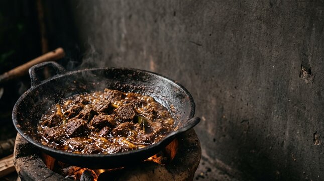 Traditional beef rendang cooking in hot black metal wok over charcoal stove fire flames.