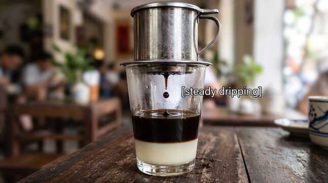 Authentic vietnamese drip coffee filter over glass with condensed milk on wooden counter.