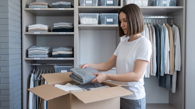Brunette woman packing folded clothes into cardboard box in modern organized wardrobe closet for decluttering, donation, house moving, seasonal apparel storage and home organization concept
