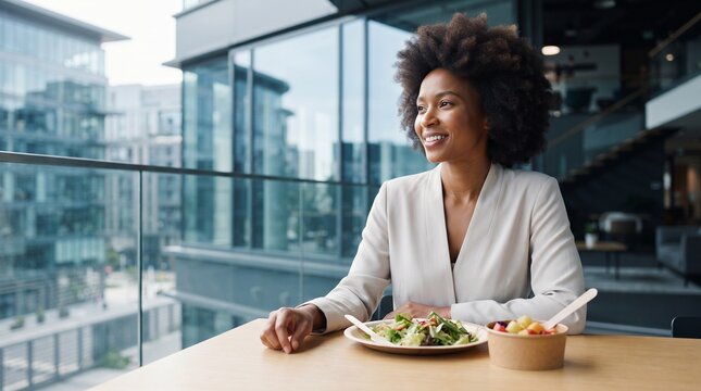 Smiling Black businesswoman sitting at wooden table with healthy salad and fruit bowl during lunch break in modern glass office, showcasing wellness, balanced lifestyle and work nutrition.