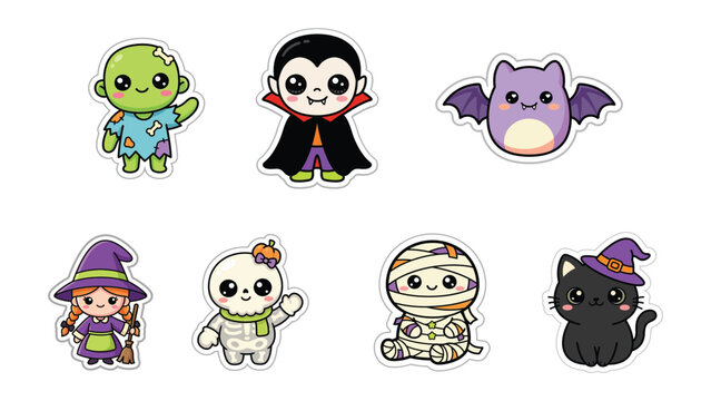 Cute Halloween kawaii monster sticker set featuring vampire, witch, zombie, bat, mummy, skeleton, and black cat isolated on white background