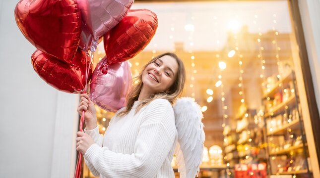 Happy young woman in angel wings holding red heart balloons outdoors near festive shop window with lights, perfect for Valentines Day sale banner and romantic cupid offer marketing concept.