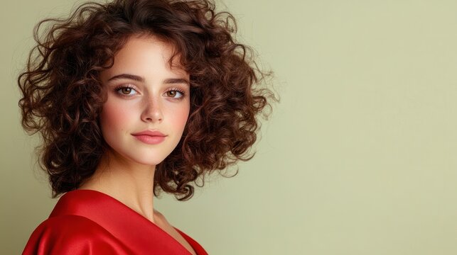 Chic Portrait: A young woman with voluminous curly brown hair and captivating eyes, dressed in a striking red outfit, exudes effortless style and confidence.