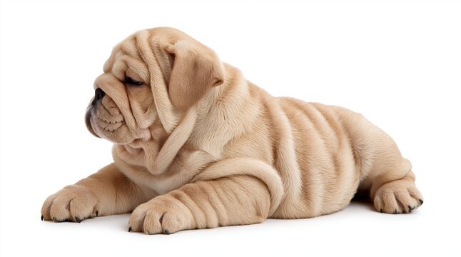 sleeping wrinkled tan puppy lying on white background