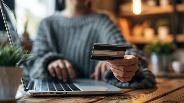 person holding credit card while using laptop computer