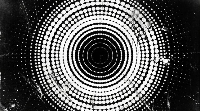 Abstract halftone pattern with concentric circles and grunge texture on a black background