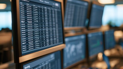 Obraz premium Multiple computer monitors displaying financial data in office