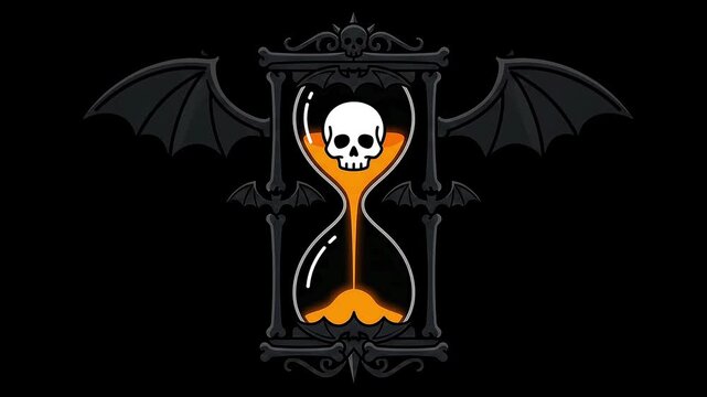 Spooky Halloween skull hourglass with falling orange sand flat vector seamless loop animation on black background