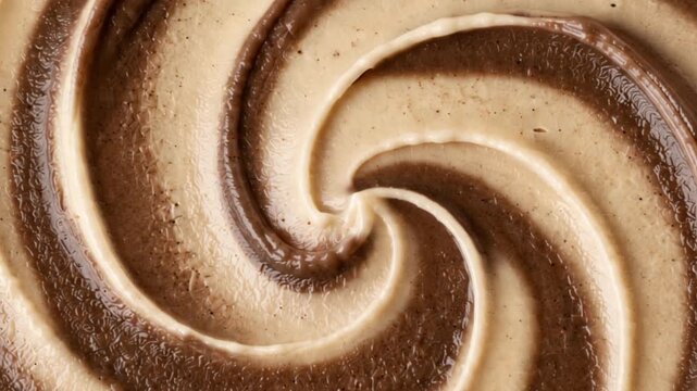 Abstract swirling spiral pattern of soft chocolate vanilla soft serve or frosting background Top view macro swirl texture of creamy chocolate and vanilla ice cream with video play button