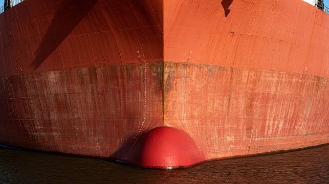 massive red cargo ship bow section resting in