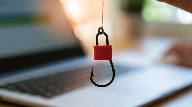 Red padlock shaped fishing hook hangs above laptop