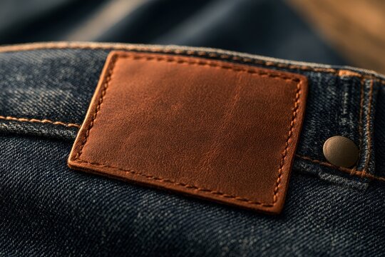 Text-free leather patch on blue jean waist with visible stitching
