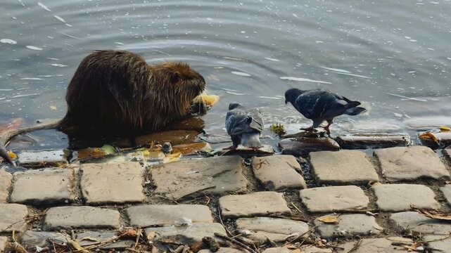 Nutria Eating at River Edge with Pigeons Nearby in Slow Motion