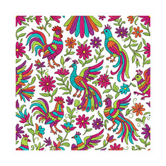 Fototapeta premium Vibrant Mexican Folk Art Style Seamless Pattern With Colorful Roosters Peacocks And Tropical Flowers On White Background Mexican Folk