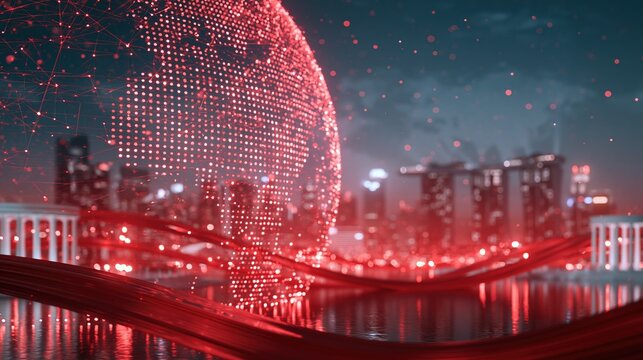 Glowing red digital globe over city waterfront at