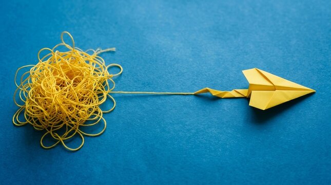 Conceptual still life featuring a yellow tangled thread transforming into a folded origami paper plane on a blue background, symbolizing creativity, problem solving, and finding clear direction.
