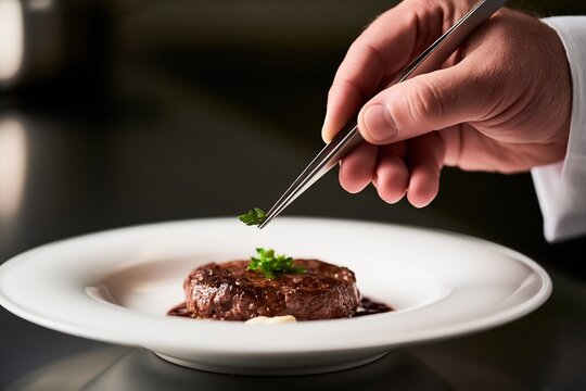 Chef plating gourmet steak with tweezers