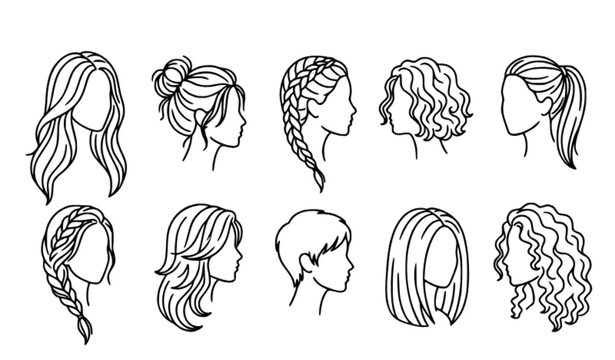 Women Haircut and Hairstyle Outline Icon Collection Vector Illustration