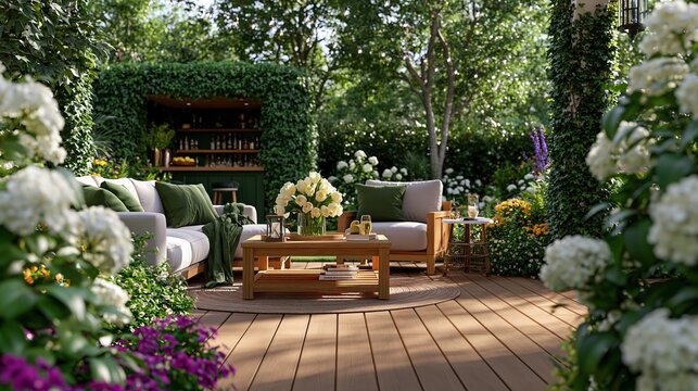 relaxed garden lounge with flowers and bar