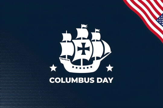 Columbus day featuring a white silhouette of a historic sailing ship, stars, and a corner section of the united states flag banner