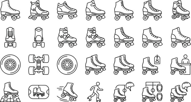 Retro Roller Skates Quad Shoes and Roller Derby Sport Elements Outline Icons Vector SetRetro Roller Skates Quad Shoes and Roller Derby Sport Elements Outline Icons Vector Set