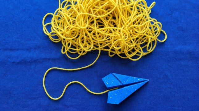 High angle top down shot of an entangled yellow yarn ball connected to a blue paper plane on a textured blue background, symbolizing creative problem solving, untangling ideas, and finding a path.