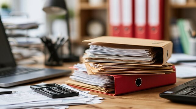 cluttered office desk with stacks of paperwork and