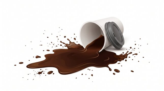 Spilled coffee from an overturned paper takeaway cup with splash on white background