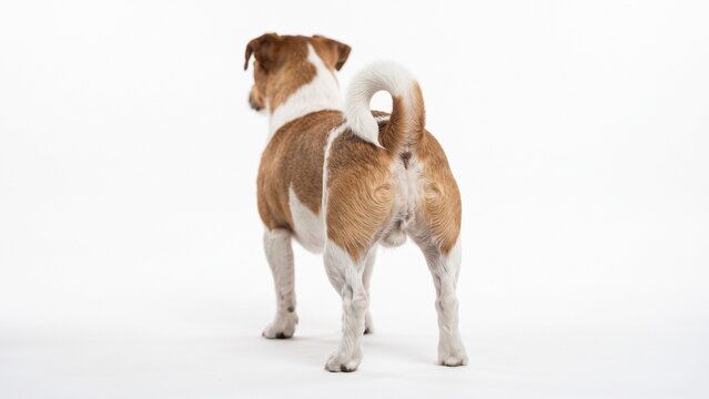 Jack russell terrier dog standing viewed from behind isolated on white background