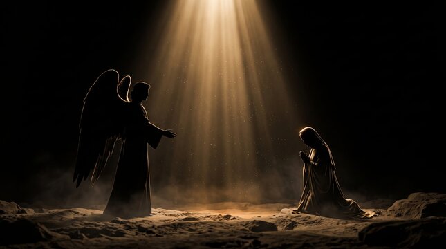 Angel Gabriel Appears to Praying Virgin Mary in Biblical Annunciation Scene