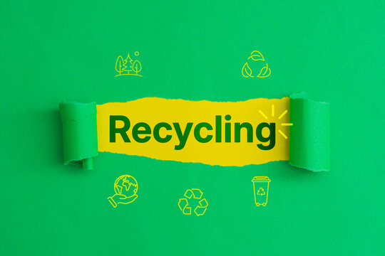Recycling text revealed under torn green paper surrounded environmental eco icons. Waste sorting, sustainable lifestyle, zero waste management, circular economy and environmental protection concept.